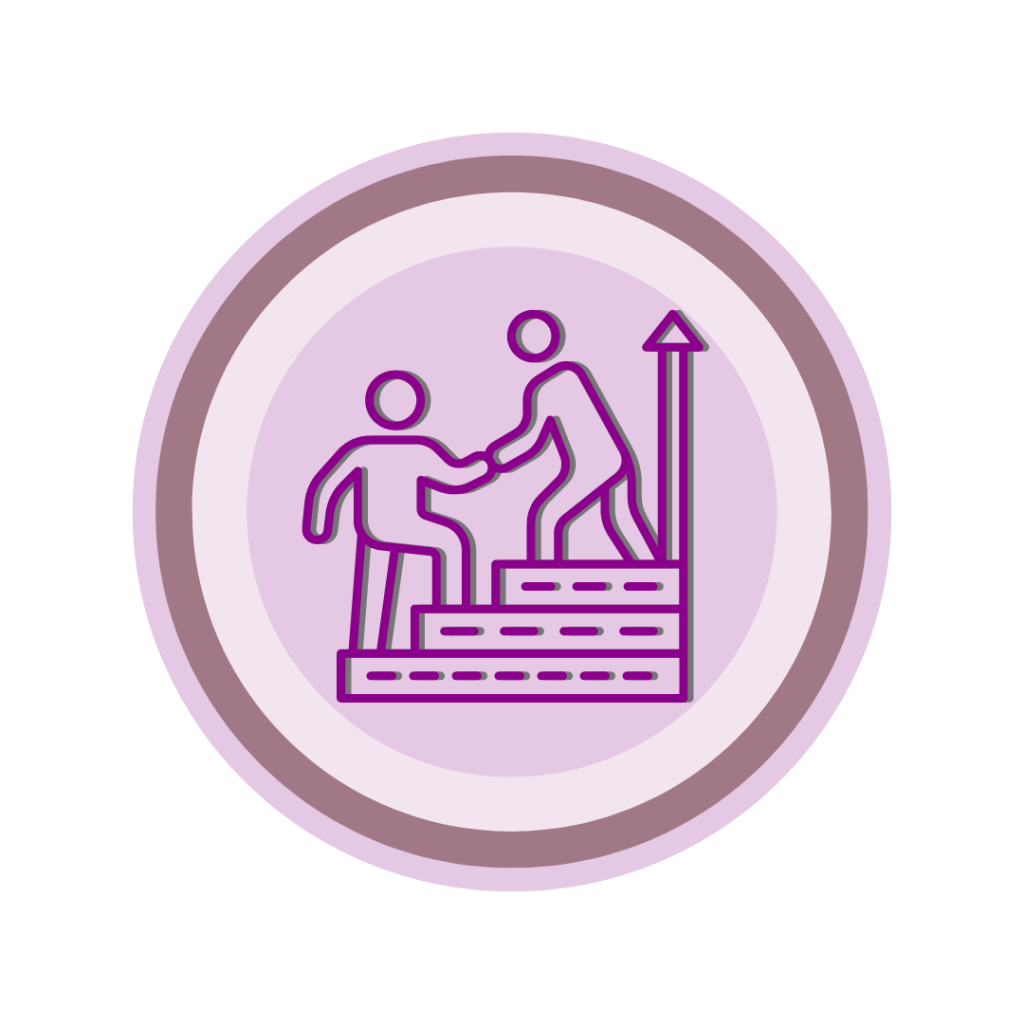 Ícone circular, com em roxo, semelhante a logo da Cumbuca Dev. Ao centro uma imagem de uma escada com duas pessoas, a que está mais acima segura a mão da que está abaixo. No lado direito há uma seta para cima, indicando a ascensão ao topo.
