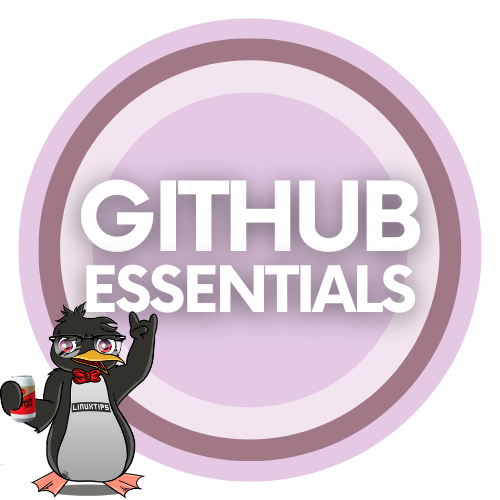 Ícone circular, em roxo, semelhante a logo da Cumbuca Dev. Ao centro, escrito em branco “GITHUB ESSENTIALS” e na parte inferior esquerda o “mascote da LinuxTips: um pinguim de desenho que usa uma gravata borboleta vinho e óculos, no peito a Logo da LinuxTIPS em preto, na mão esquerda segura uma cerveja com o rótulo em vermelho, "LinuxTIPA" e a direita está levantada fazendo o gesto de "Rock on" . 
