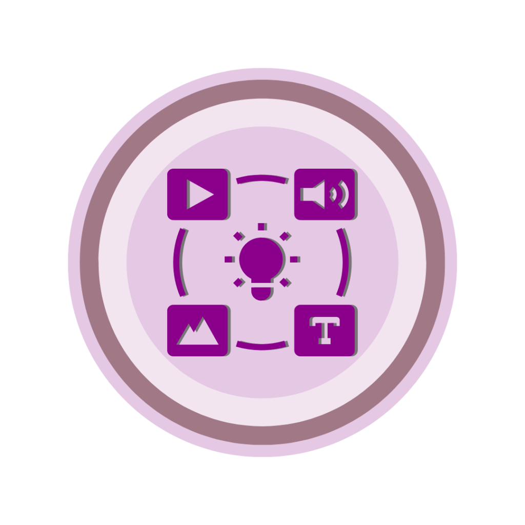 Ícone circular, em roxo, semelhante a logo da Cumbuca Dev. Ao centro uma “lâmpada acesa”, em ciclo: da esquerda para a direita. Superior à esquerda: ‘botão de play’, lembrando o símbolo do Youtube. Superior direita: ícone emitindo um som. Inferior direita: caixa de Texto, representada com um T. Inferior esquerda: representação de um gráfico com duas altas.