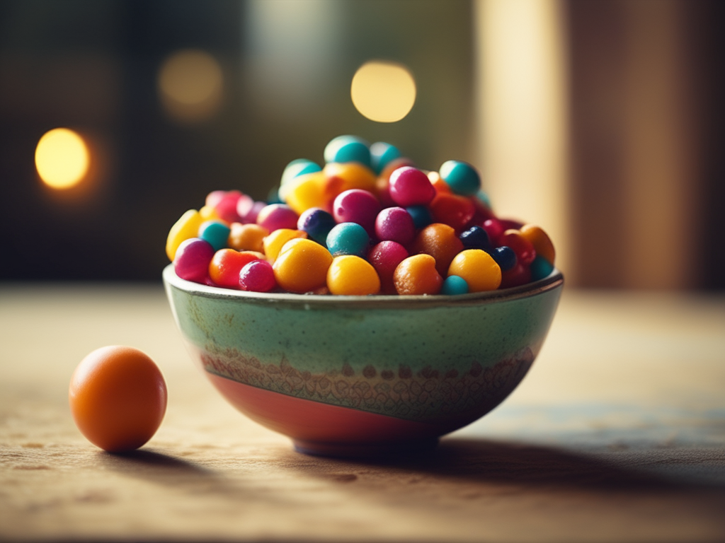 Cumbuca com tons de rosa e verde claro, preenchida com diferentes bolinhas de diferentes cores e tamanhos, todas bem vivas e coloridas. o Fundo está desfocado e ao lado esquerdo dela há uma bola amarela de tamanho maior que as pequenas dentro do pote. 