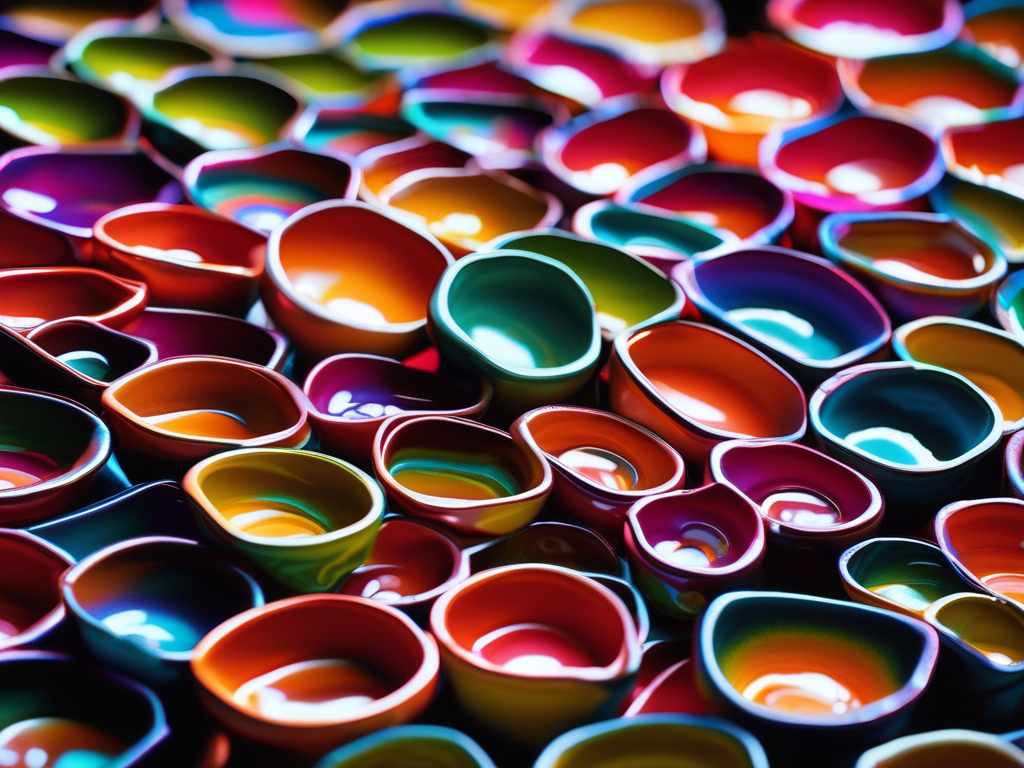 Imagem composta de várias cumbucas de diferentes cores, pinturas e tamanhos, todas posicionadas próximas umas as outras e com uma cobertura brilhante. As cores são vivas e vão de verde, laranja, tons de roxo, rosa  e azul.
