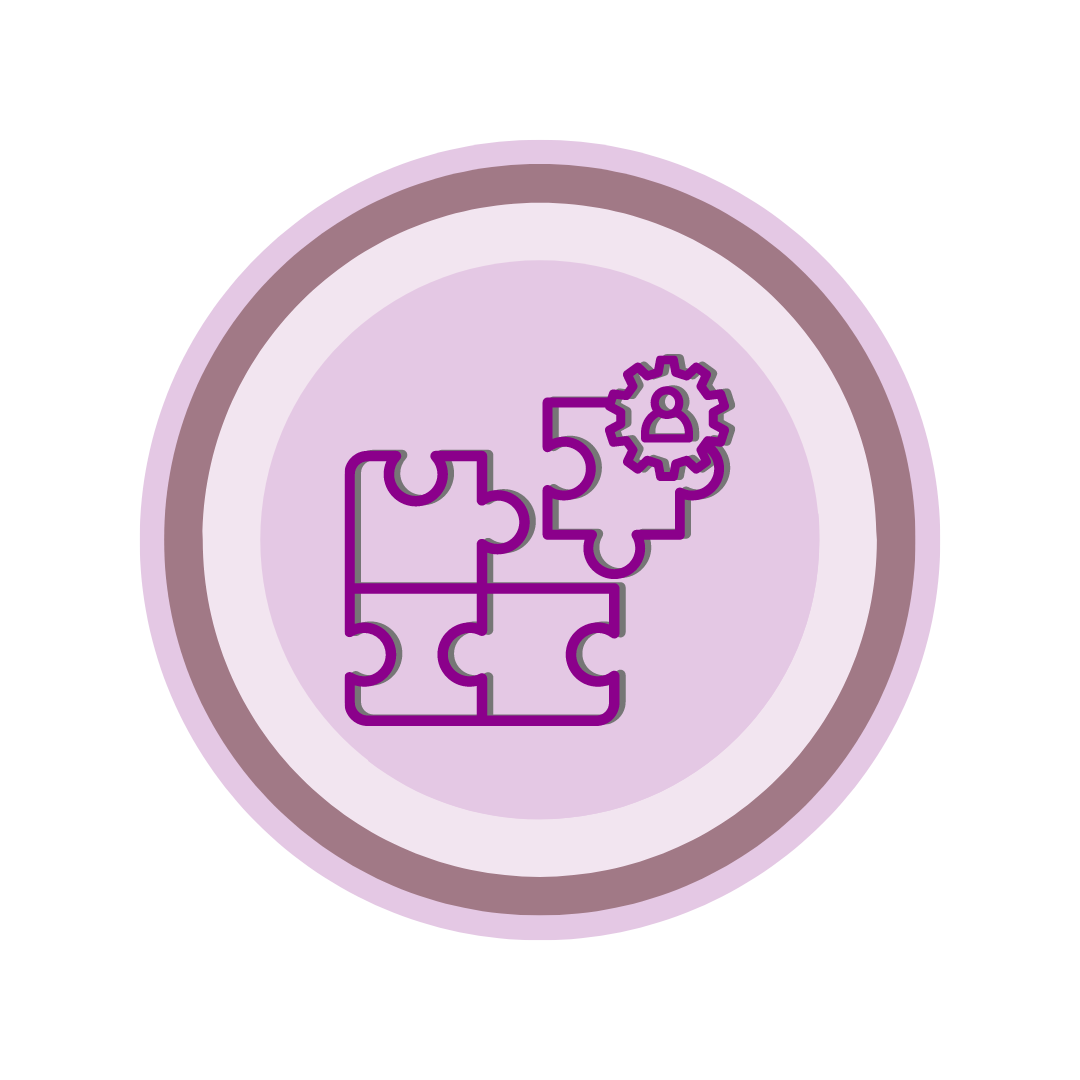 Ícone circular, com em roxo, semelhante a logo da Cumbuca Dev. Ao centro uma imagem de quebra cabeças se encaixando. No canto superior direito, sob uma das peças há uma engrenagem com a representação de uma pessoa.