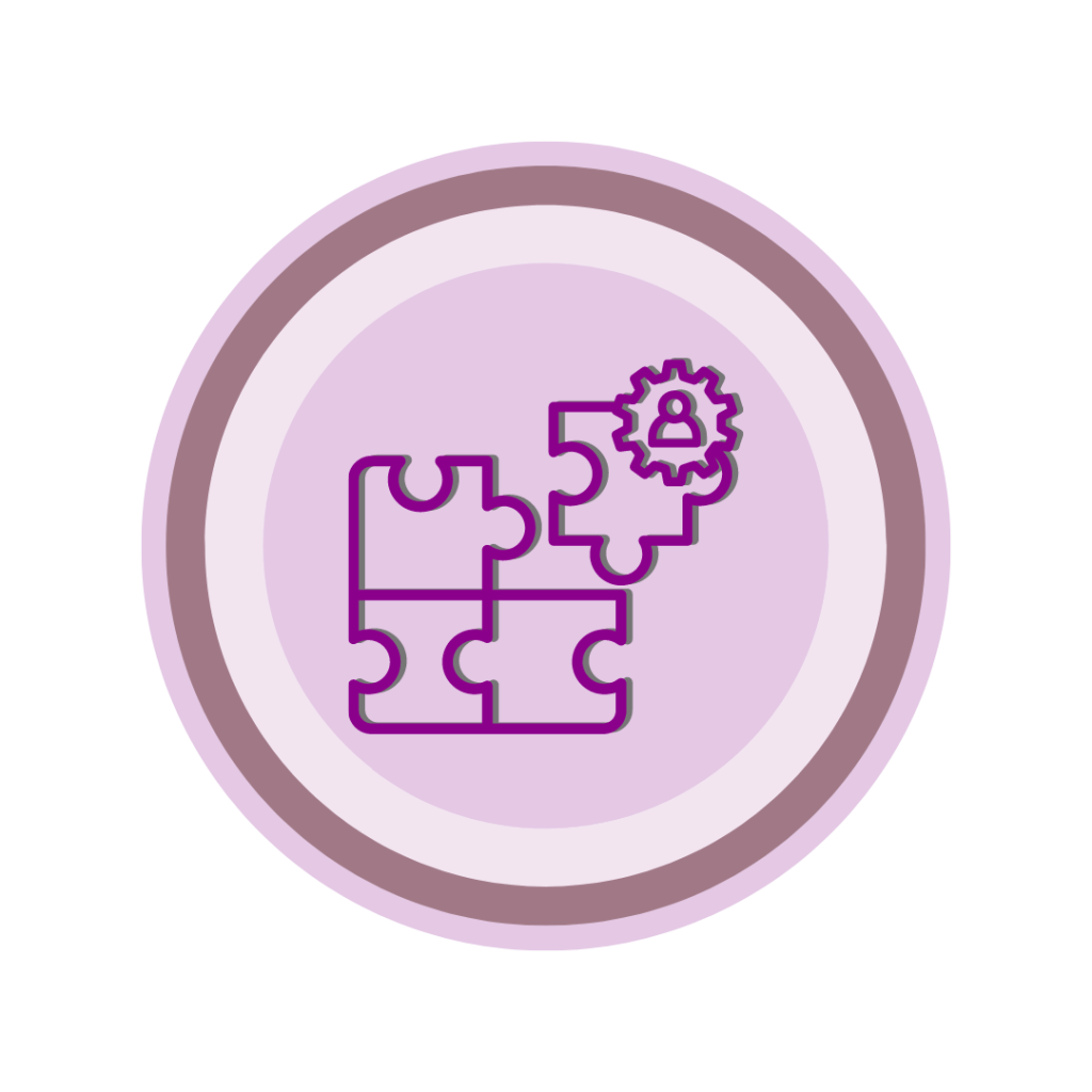 Ícone circular, com em roxo, semelhante a logo da Cumbuca Dev. Ao centro uma imagem de quebra cabeças se encaixando. No canto superior direito, sob uma das peças há uma engrenagem com a representação de uma pessoa.