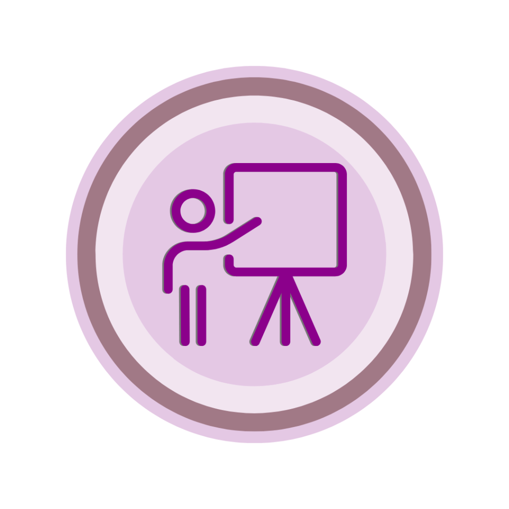 Ícone circular, com em roxo, semelhante ao logo da Cumbuca Dev. Ao centro uma imagem de uma pessoa apontado para um flip chart que está ao seu lado esquerdo.