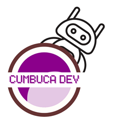 Um robôzinho com olhos amendoados atrás da logo da Cumbuca Dev.