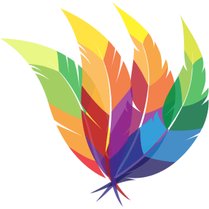 Logo de FolEs: consiste em 4 penas sobrepostas lado a lado, unidas "como se fosse um espanador", em cores vibrantes e distribuídas ao longo de cada pena, sendo as cores em tons de verde, amarelo, laranja, vermelho, roxo e azul.