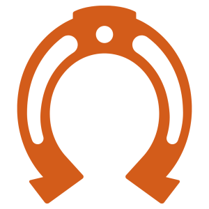Logo LMHT: desenho de uma ferradura vista de cima em cor laranja.