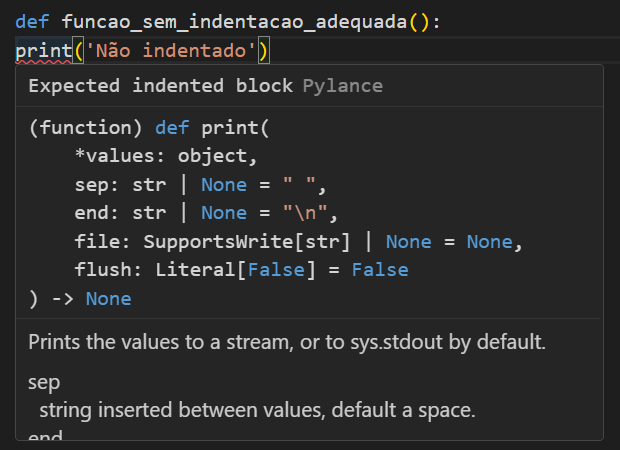 Imagem com trecho de código em Pituguês, sendo ele:
def funcao_sem_indentacao_adequada():
print('Indentado')

Como a indentação não está adequada, a imagem também mostra uma mensagem que a linguagem Python fornece, indicando a falta da indentação.
