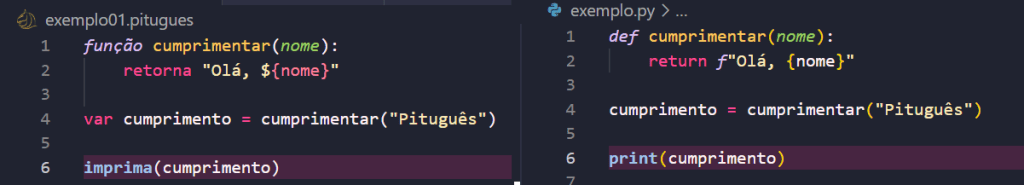 Imagem contendo trechos de código em Pituguês, à esquerda, e Python, à direita, para fins comparativos.
Código em Pituguês:
função cumprimentar(nome):
    retorna "Olá, ${nome}"

var cumprimento = cumprimentar("Pituguês")

imprima(cumprimento)

Código em Python:
def cumprimentar(nome):
    return f"Olá, {nome}"

cumprimento = cumprimentar("Pituguês")

print(cumprimento)