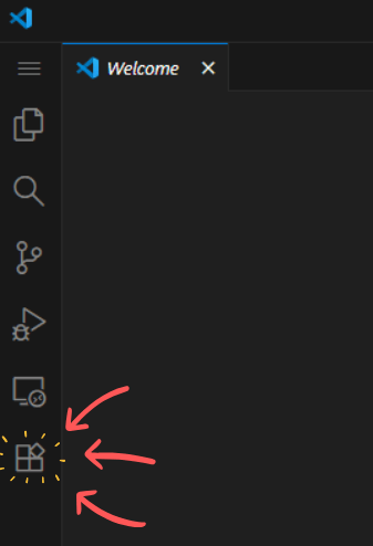 Imagem exibido a aba esquerda do VS Code, apontando para os ícone com 4 blocos quadrados encaixados num cubo, sendo que um deles está mal encaixado.