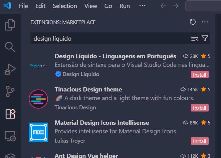 Imagem exibido o resultado da barra de pesquisa após informar "design líquido", em que a primeira opção de extensão é a da Design Líquido, junto com o botão "install"