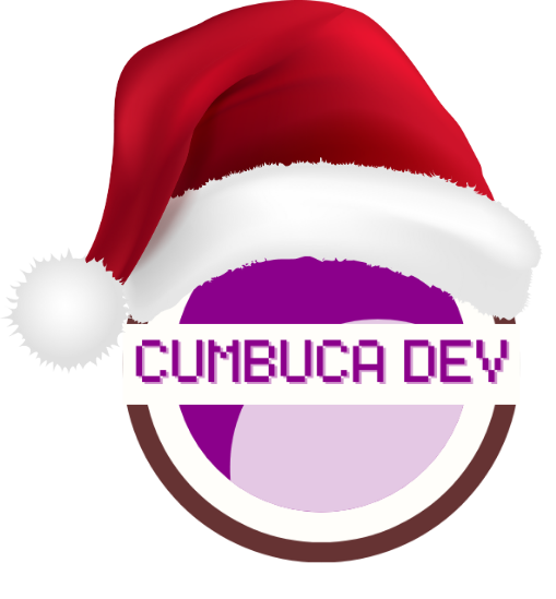 Logotipo da Cumbuca Dev com tons de roxo e marrom, usando um gorro de Natal vermelho com borda branca.