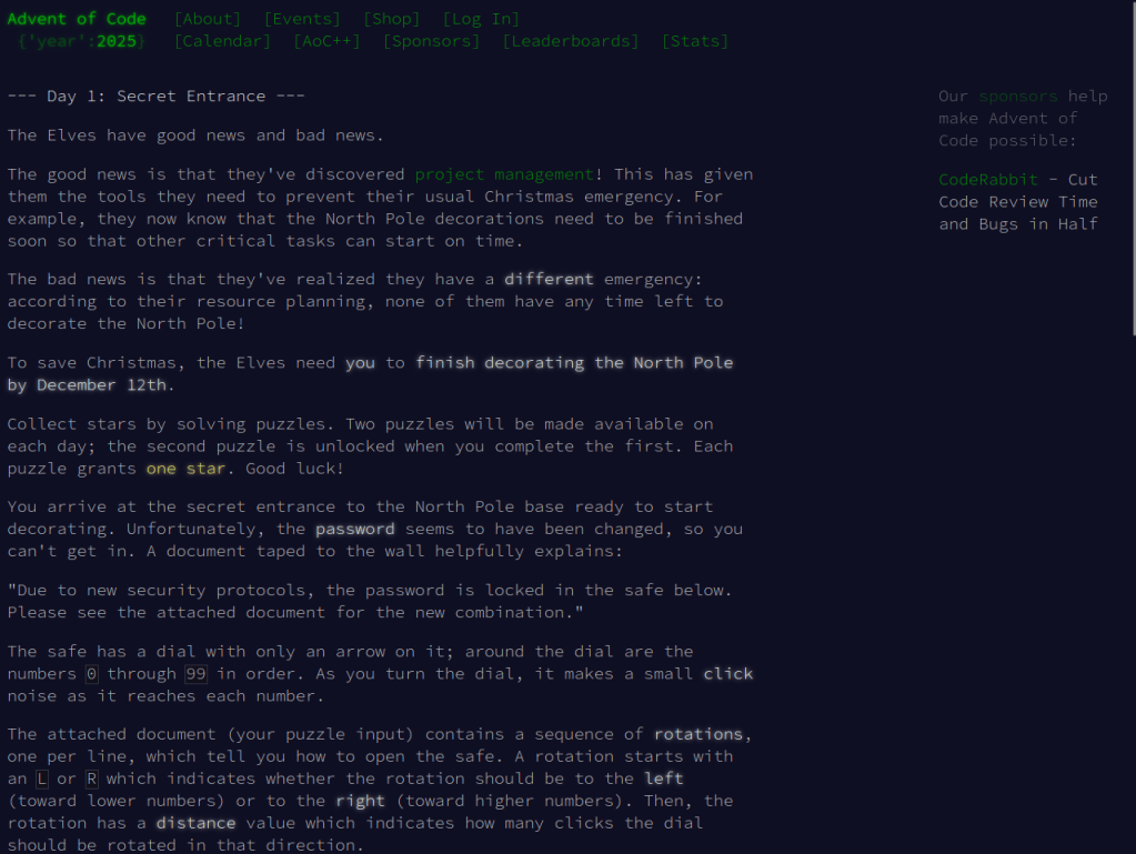 Tela do Advent of Code exibindo o texto do desafio “Day 1: Secret Entrance”. O enunciado conta uma história envolvendo elfos e descreve um cofre cujo dial gira entre 0 e 99, explicando que a senha depende de instruções de rotação. À direita, há uma seção com informações sobre patrocinadores.