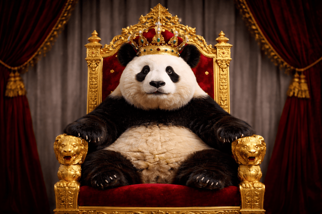 Um panda sentado em um trono dourado ornamentado, usando uma coroa real, em um cenário luxuoso com cortinas vermelhas ao fundo, em uma composição que remete à realeza.