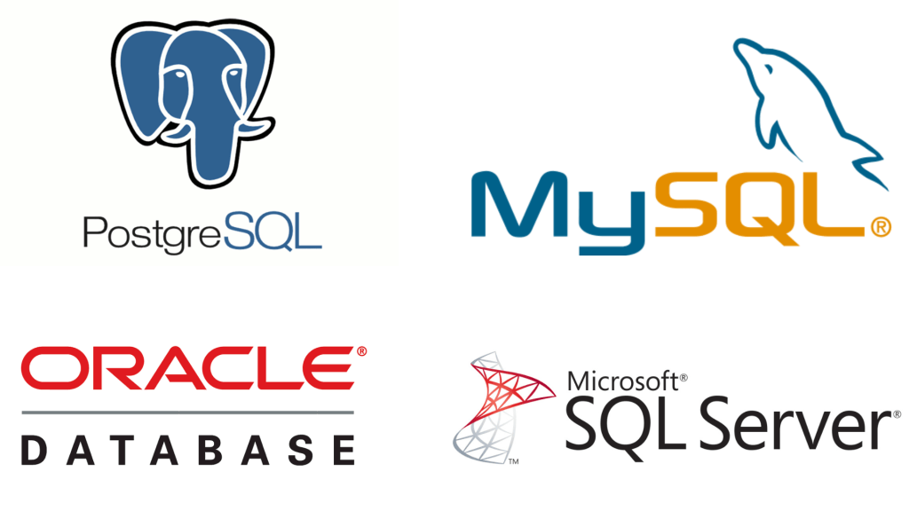 Imagem com quatro logos de sistemas de banco de dados organizados em grade: no canto superior esquerdo, logo do PostgreSQL com elefante azul; no canto superior direito, logo do MySQL com texto azul e laranja e silhueta de golfinho; no canto inferior esquerdo, logo Oracle Database em vermelho e preto; no canto inferior direito, logo Microsoft SQL Server com símbolo abstrato vermelho e texto cinza.