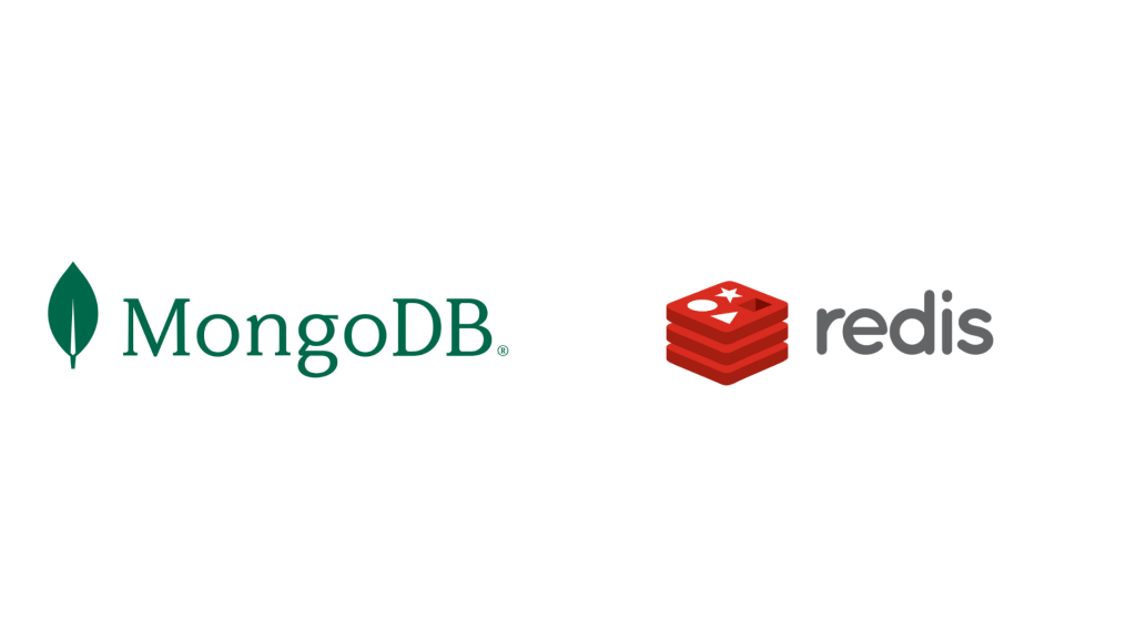 Imagem com dois logos de bancos de dados NoSQL lado a lado: à esquerda, logo do MongoDB com folha verde e texto verde; à direita, logo do Redis com ícone vermelho em formato de pilha e texto cinza.