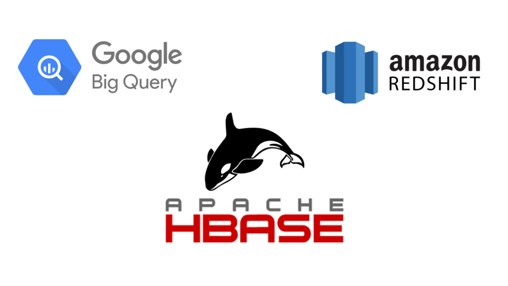 Imagem com três logos de tecnologias de dados em fundo claro: no canto superior esquerdo, logo do Google BigQuery com ícone hexagonal azul e texto cinza; no canto superior direito, logo Amazon Redshift com ícone azul em formato de colunas e texto preto; na parte inferior central, logo Apache HBase com silhueta preta de uma baleia/orca acima do texto 'Apache HBase' em preto e vermelho.