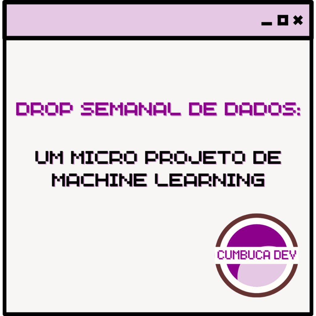 Card com fundo claro e barra roxa no topo. Texto central diz “Drop semanal de dados: Um micro projeto de machine learning” em fonte pixelada roxa e preta. No canto inferior direito aparece o logotipo circular da Cumbuca Dev em tons de roxo e lilás.