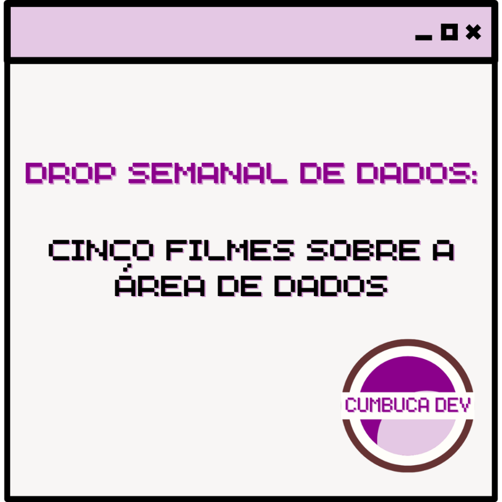 Card com fundo claro e barra roxa no topo. Texto central diz “Cinco filmes sobre a área de dados” em fonte pixelada roxa e preta. No canto inferior direito aparece o logotipo circular da Cumbuca Dev em tons de roxo e lilás.