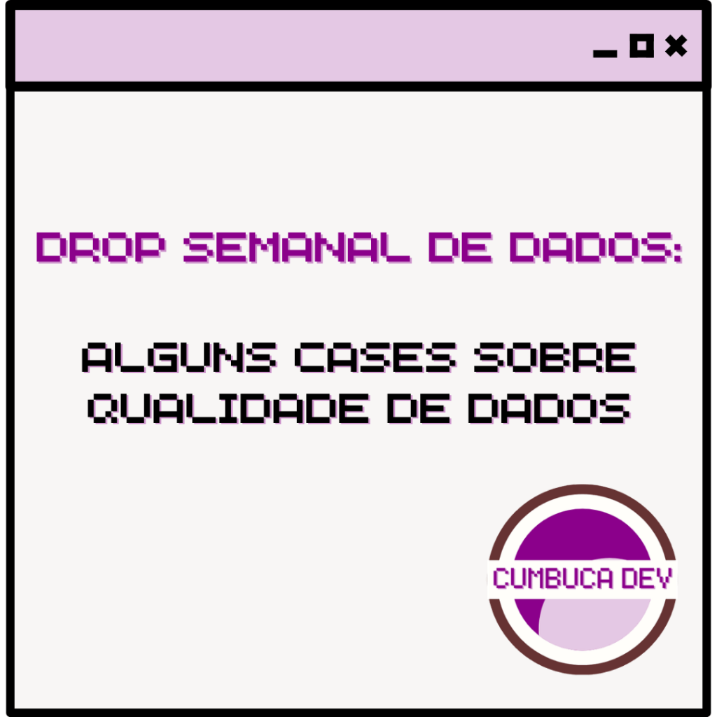 Card com fundo claro e barra roxa no topo. Texto central diz “Alguns cases sobre qualidade de dados” em fonte pixelada roxa e preta. No canto inferior direito aparece o logotipo circular da Cumbuca Dev em tons de roxo e lilás.
