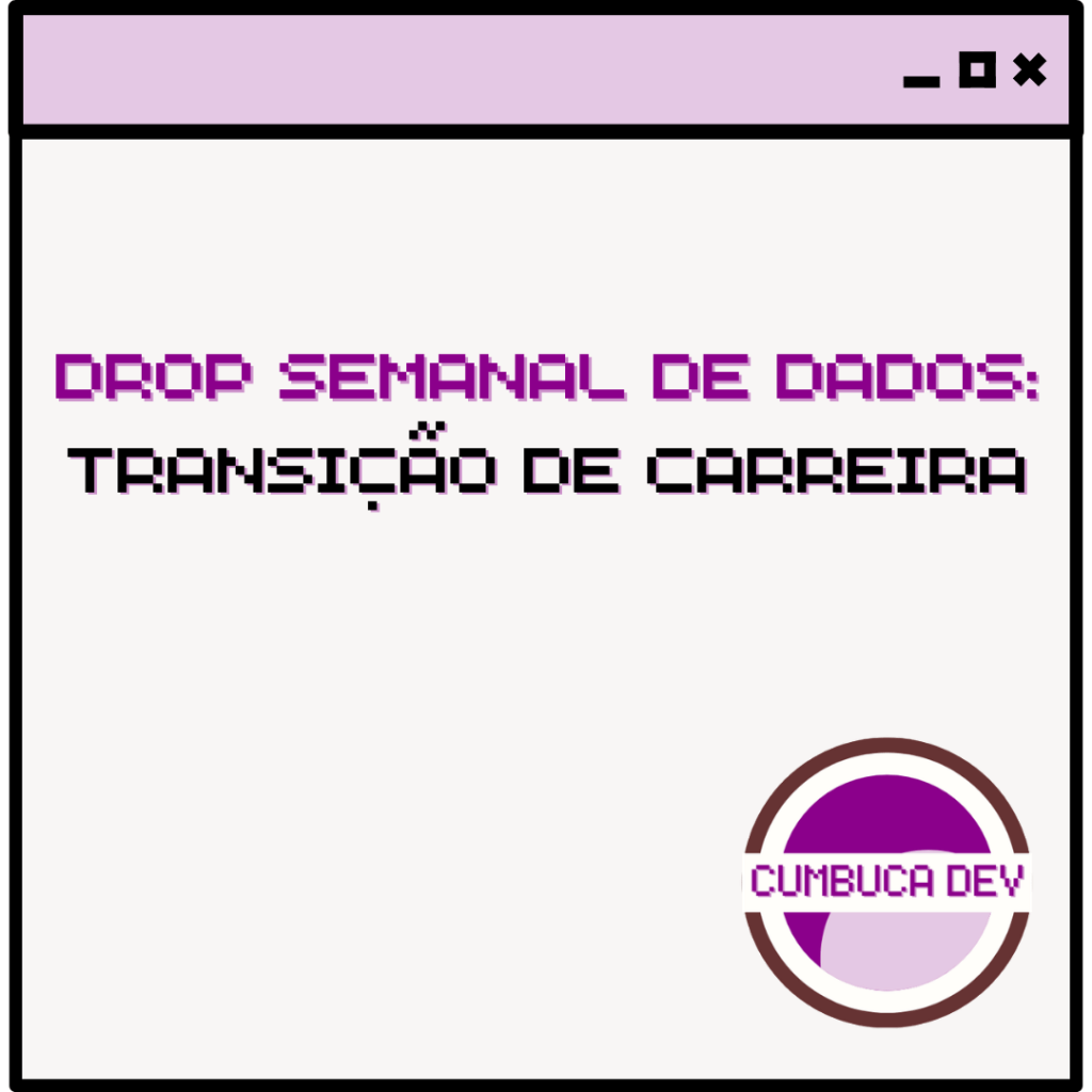 Card com fundo claro e barra roxa no topo. Texto central diz “Transição de carreira” em fonte pixelada roxa e preta. No canto inferior direito aparece o logotipo circular da Cumbuca Dev em tons de roxo e lilás.